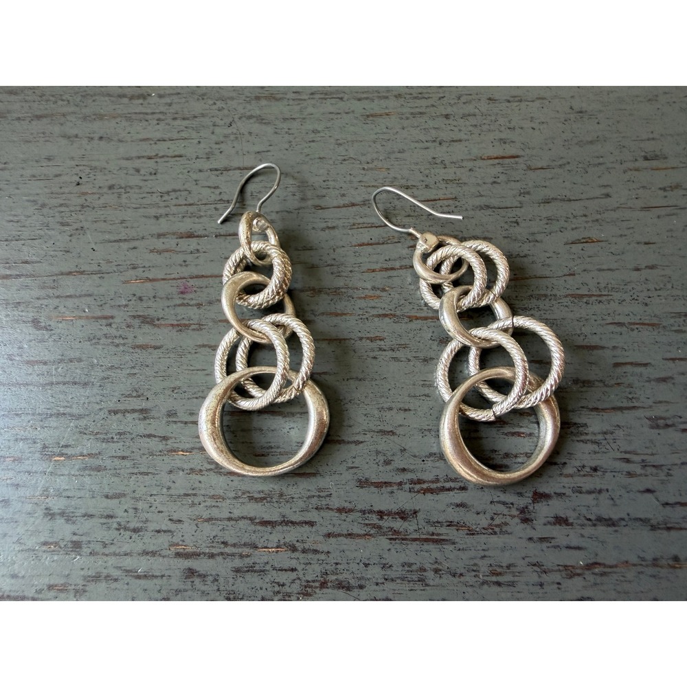 Silver Tone Multi Link Drop Earrings Textured Rope Graduated Circle Dangle 2 In